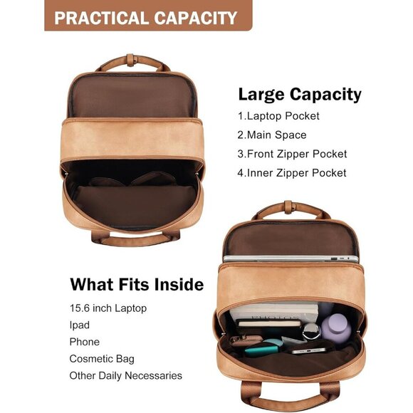 ❤️ Leather Laptop Backpack for Women Stylish Computer Back pacShoulder Bags - Picture 3 of 9